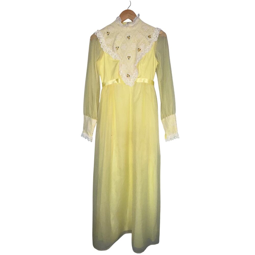VTG 70s Yellow Western Prairie Dress Long Sleeve Bib 7 Swiss Dot Cottagecore